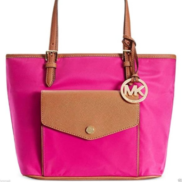 Michael Kors Handbags - NWOT Michael Kors Jet Set Nylon Saffiano Leather Pink Tan Tote Handbag Satchel